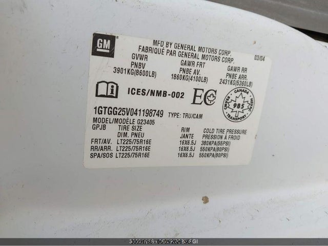 Aukcja sprzedaży 2004 Gmc Savana Standard, vin: 1GTGG25V041198749, numer aukcji: 30091766