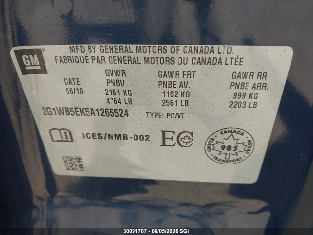 2010 Chevrolet Impala Lt მანქანა იყიდება აუქციონზე, vin: 2G1WB5EK5A1265524, აუქციონის ნომერი: 30091767