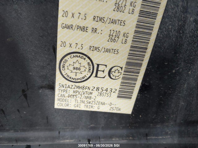 Aukcja sprzedaży 2015 Nissan Murano S/sl/sv/platinum, vin: 5N1AZ2MH8FN285432, numer aukcji: 30091769