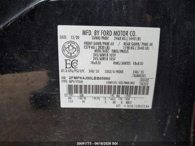 Ford EDGE SEL 2020 2FMPK4J90LBB65980 Image 9
