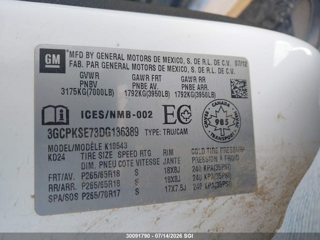 Продаж на аукціоні авто 2013 Chevrolet Silverado K1500 Lt, vin: 3GCPKSE73DG136389, номер лоту: 30091790