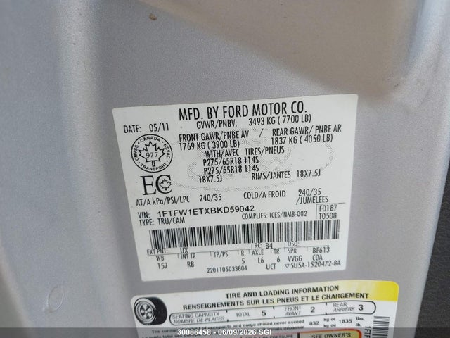 2011 Ford F150 Supercrew მანქანა იყიდება აუქციონზე, vin: 1FTFW1ETXBKD59042, აუქციონის ნომერი: 30086458
