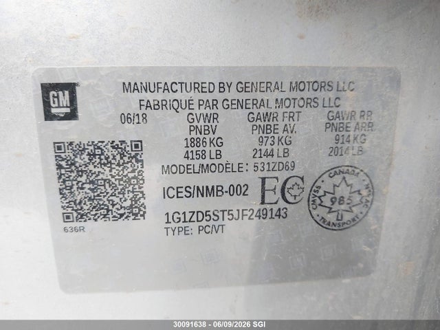 2018 Chevrolet Malibu Lt მანქანა იყიდება აუქციონზე, vin: 1G1ZD5ST5JF249143, აუქციონის ნომერი: 30091638