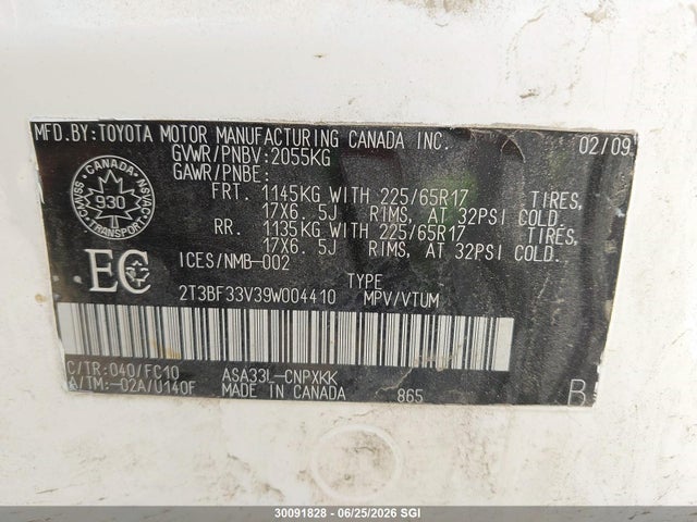 30091828 :رقم المزاد ، 2T3BF33V39W004410 vin ، 2009 Toyota Rav4 مزاد بيع