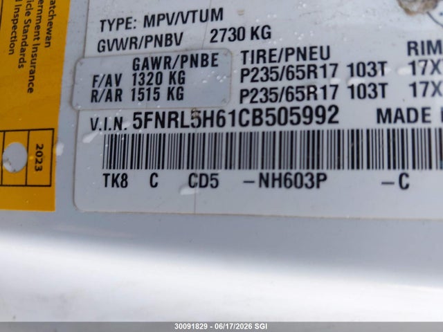 30091829 :رقم المزاد ، 5FNRL5H61CB505992 vin ، 2012 Honda Odyssey مزاد بيع