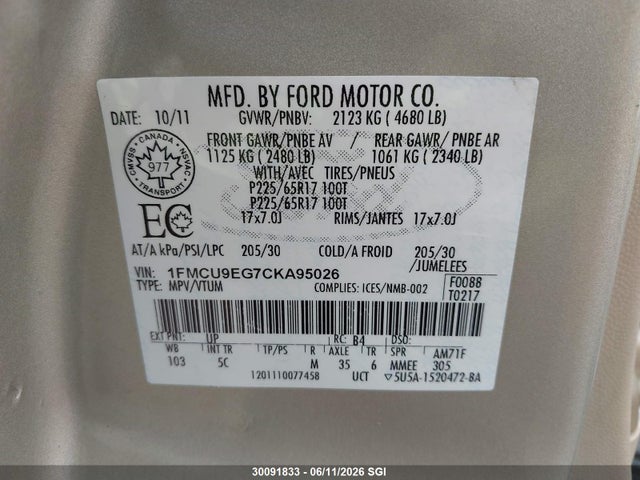 Продажа на аукционе авто 2012 Ford Escape Limited, vin: 1FMCU9EG7CKA95026, номер лота: 30091833