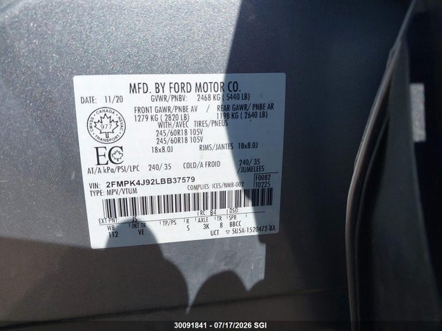 Ford EDGE SEL 2020 2FMPK4J92LBB37579 Image 9