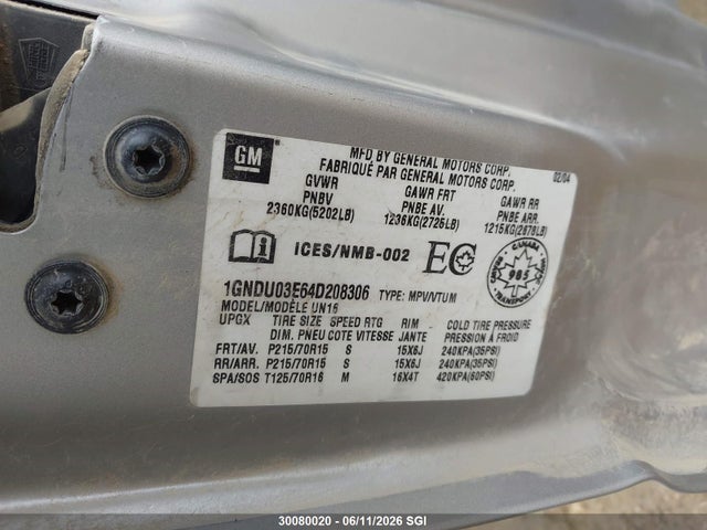 2004 Chevrolet Venture მანქანა იყიდება აუქციონზე, vin: 1GNDU03E64D208306, აუქციონის ნომერი: 30080020