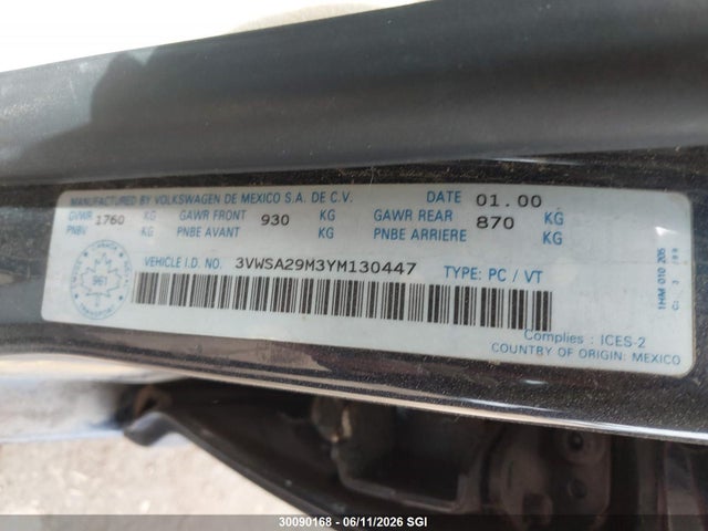 Продажа на аукционе авто 2000 Volkswagen Jetta Gls, vin: 3VWSA29M3YM130447, номер лота: 30090168