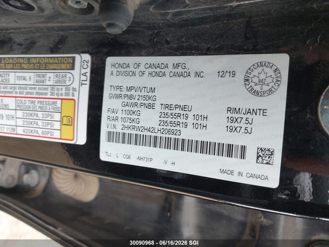 Продаж на аукціоні авто 2020 Honda Cr-v Sport, vin: 2HKRW2H42LH206923, номер лоту: 30090968