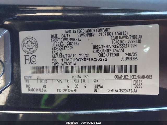 Ford ESCAPE SE 2015 1FMCU9GX0FUC30272 Image 9