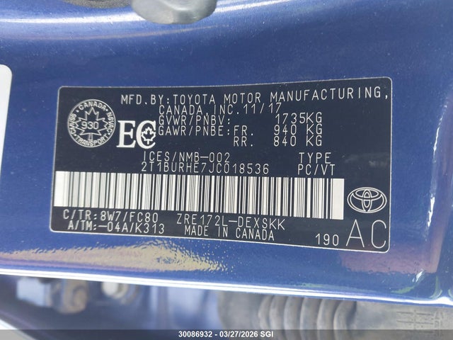 2T1BURHE7JC018536 Toyota COROLLA LE