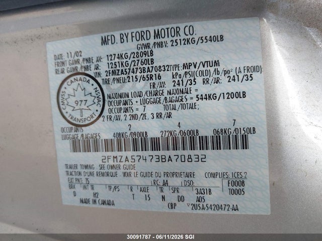 Aukcja sprzedaży 2003 Ford Windstar Sport, vin: 2FMZA57473BA70832, numer aukcji: 30091787