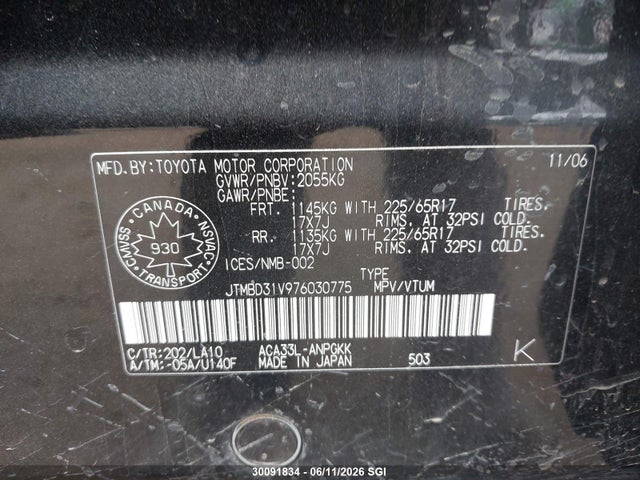 30091834 :رقم المزاد ، JTMBD31V976030775 vin ، 2007 Toyota Rav4 Limited مزاد بيع
