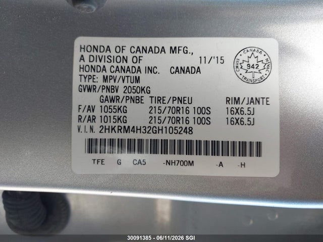30091385 :رقم المزاد ، 2HKRM4H32GH105248 vin ، 2016 Honda Cr-v Lx مزاد بيع