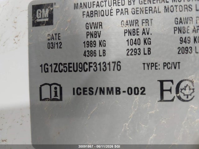 30091867 :رقم المزاد ، 1G1ZC5EU9CF313176 vin ، 2012 Chevrolet Malibu 1lt مزاد بيع