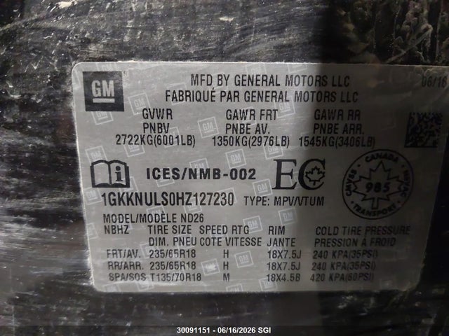 30091151 :رقم المزاد ، 1GKKNULS0HZ127230 vin ، 2017 Gmc Acadia Slt-1 مزاد بيع