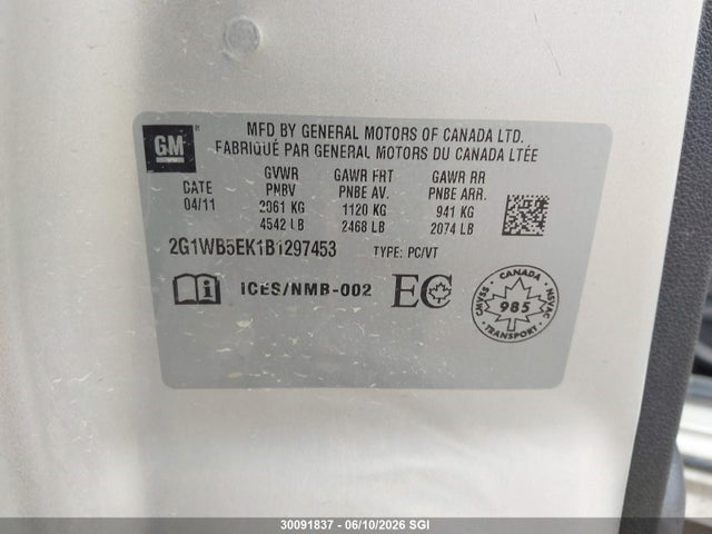 2011 Chevrolet Impala Lt მანქანა იყიდება აუქციონზე, vin: 2G1WB5EK1B1297453, აუქციონის ნომერი: 30091837