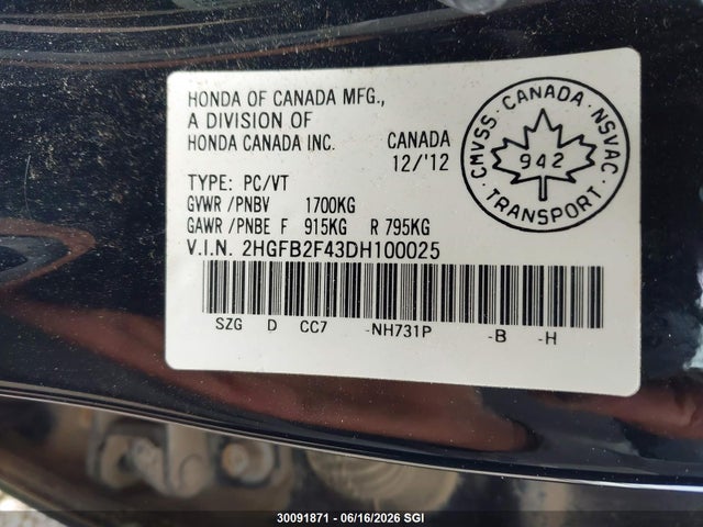Продаж на аукціоні авто 2013 Honda Civic Sdn, vin: 2HGFB2F43DH100025, номер лоту: 30091871