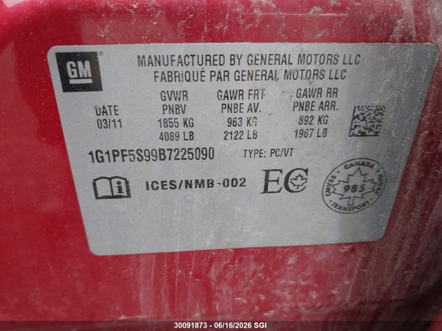 2011 Chevrolet Cruze Lt მანქანა იყიდება აუქციონზე, vin: 1G1PF5S99B7225090, აუქციონის ნომერი: 30091873