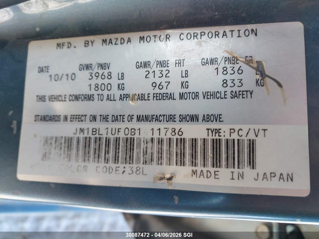 Продажа на аукционе авто 2011 Mazda 3 I, vin: JM1BL1UF0B1411786, номер лота: 30087472