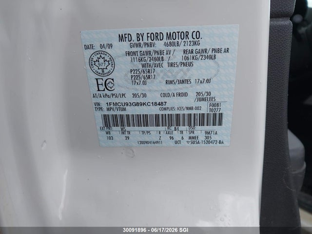 Продажа на аукционе авто 2009 Ford Escape Xlt, vin: 1FMCU93G89KC18487, номер лота: 30091896