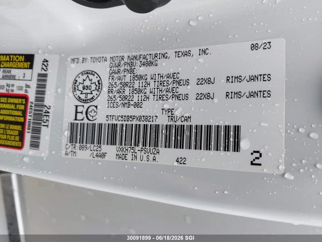 30091899 :رقم المزاد ، 5TFVC5DB5PX038217 vin ، 2023 Toyota Tundra Hybrid Capstone مزاد بيع