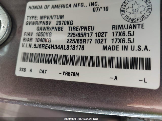 Продаж на аукціоні авто 2010 Honda Cr-v Lx, vin: 5J6RE4H34AL818176, номер лоту: 30091909
