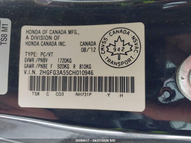 Продаж на аукціоні авто 2012 Honda Civic Lx, vin: 2HGFG3A55CH010946, номер лоту: 30089017