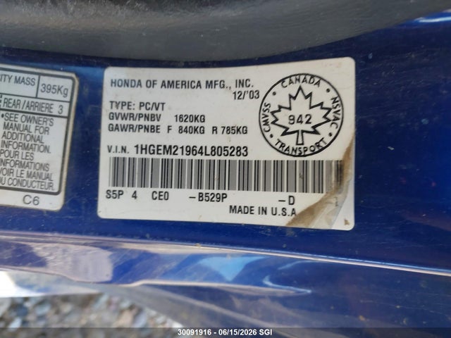 30091916 :رقم المزاد ، 1HGEM21964L805283 vin ، 2004 Honda Civic Ex مزاد بيع