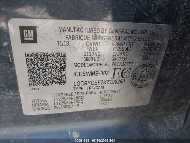 30091938 :رقم المزاد ، 1GCRYCEF2KZ199260 vin ، 2019 Chevrolet Silverado K1500 Trail Boss Custom مزاد بيع