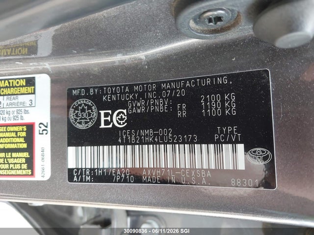 Продажа на аукционе авто 2020 Toyota Camry Hybrid Se, vin: 4T1B21HK4LU523173, номер лота: 30090836