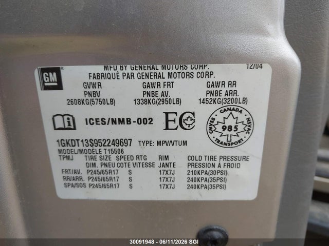 Aukcja sprzedaży 2005 Gmc Envoy, vin: 1GKDT13S952249697, numer aukcji: 30091948