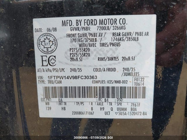Aukcja sprzedaży 2008 Ford F150 Supercrew, vin: 1FTPW14V98FC30363, numer aukcji: 30090866