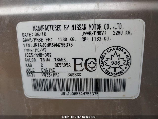 30091609 :رقم المزاد ، JN1AJ0HR5AM756375 vin ، 2010 Infiniti Ex35 Journey مزاد بيع