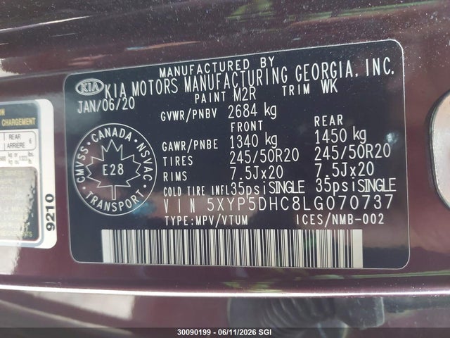 Aukcja sprzedaży 2020 Kia Telluride Sx, vin: 5XYP5DHC8LG070737, numer aukcji: 30090199