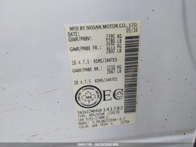 5N1AZ2MH4GN141782 Nissan Murano S/sl/sv/platinum