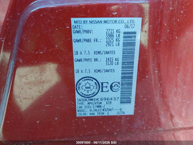 Aukcja sprzedaży 2017 Nissan Pathfinder S/sv/sl/platinum, vin: 5N1DR2MM1HC696437, numer aukcji: 30091800