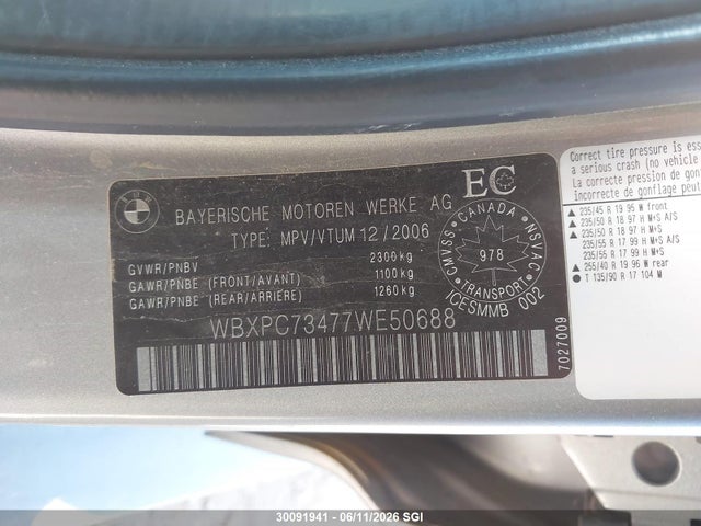 2007 Bmw X3 3.0i მანქანა იყიდება აუქციონზე, vin: WBXPC73477WE50688, აუქციონის ნომერი: 30091941