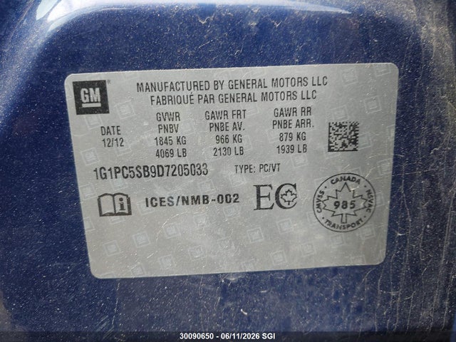 2013 Chevrolet Cruze Lt მანქანა იყიდება აუქციონზე, vin: 1G1PC5SB9D7205033, აუქციონის ნომერი: 30090650