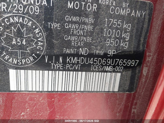 Продаж на аукціоні авто 2009 Hyundai Elantra Gls/se, vin: KMHDU45D69U765997, номер лоту: 30091986