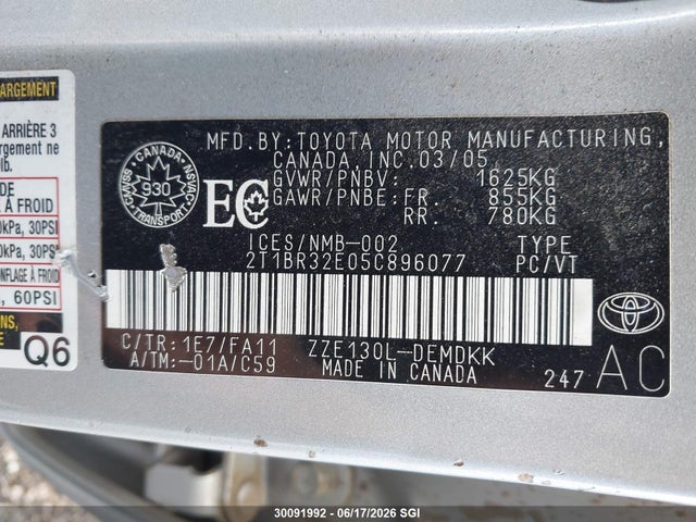 Aukcja sprzedaży 2005 Toyota Corolla Ce/le/s, vin: 2T1BR32E05C896077, numer aukcji: 30091992