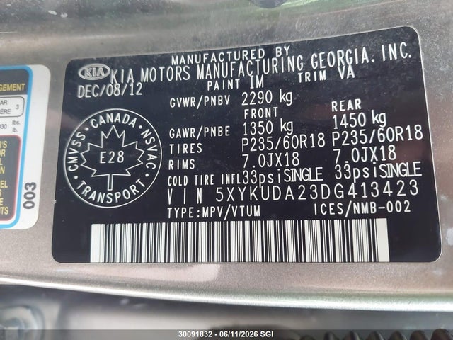 30091832 :رقم المزاد ، 5XYKUDA23DG413423 vin ، 2013 Kia Sorento Ex Luxury V6/ex V6 مزاد بيع