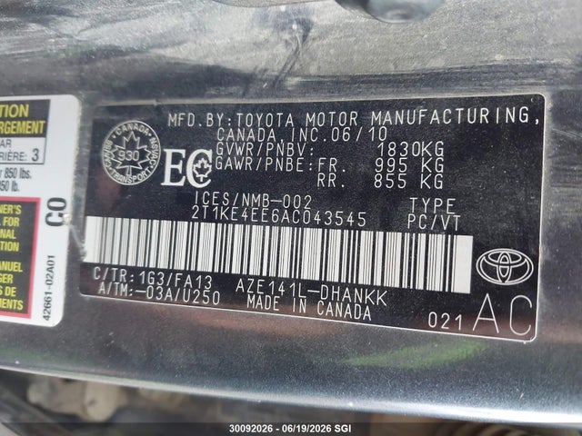 30092026 :رقم المزاد ، 2T1KE4EE6AC043545 vin ، 2010 Toyota Corolla Matrix S مزاد بيع