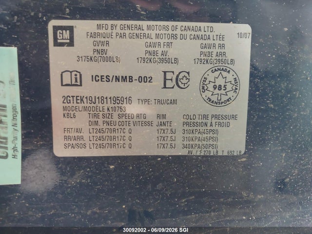 Aukcja sprzedaży 2008 Gmc Sierra K1500, vin: 2GTEK19J181195916, numer aukcji: 30092002
