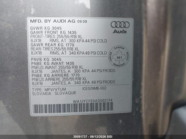 2010 Audi Q7 3.6 Premium მანქანა იყიდება აუქციონზე, vin: WA1JYCFE0AD002174, აუქციონის ნომერი: 30091737