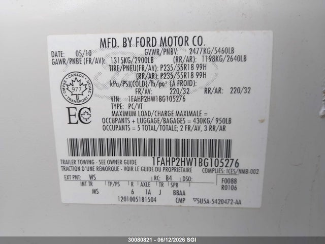 Продажа на аукционе авто 2011 Ford Taurus Sel, vin: 1FAHP2HW1BG105276, номер лота: 30080821