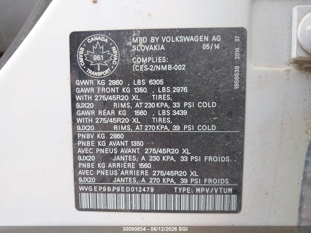 Aukcja sprzedaży 2014 Volkswagen Touareg V6 Tdi, vin: WVGEP9BP9ED012479, numer aukcji: 30090854
