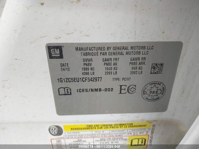 Продаж на аукціоні авто 2012 Chevrolet Malibu 1lt, vin: 1G1ZC5EU1CF342977, номер лоту: 30090774