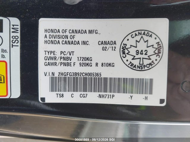 2012 Honda Civic Ex-l მანქანა იყიდება აუქციონზე, vin: 2HGFG3B92CH005365, აუქციონის ნომერი: 30091669